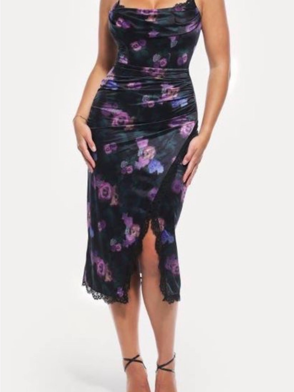 NWT Black Purple Floral Lace-Trim Midi Slip Dress